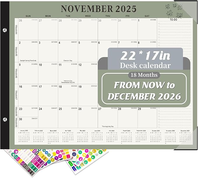 Gannyfer Desk Calendar 2026, Large 2026 Desk Calendar 22" x 17", Now - Dec 2026, 18 Monthly Academic Desktop Calendar with To-Do List and Notes, Plastic Cover, Thick Paper, 2026 Calendar for Planning and Organizing(6 Stickers)