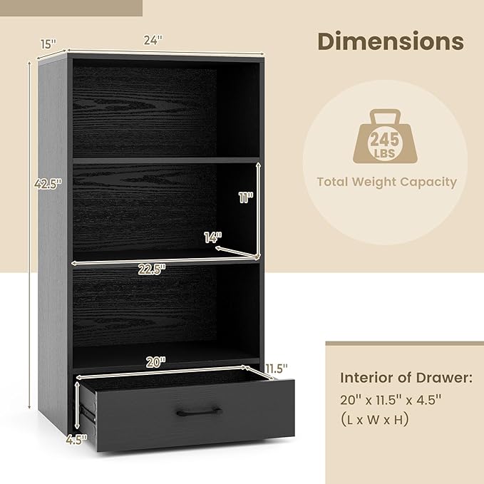 Tangkula 3 Tier Bookcase with Drawer, 42.5”Tall Freestanding Bookshelf with 3 Open Shelves & 1 Drawer, Anti-toppling Devices, Modern Display Storage Organizer for Home Office (Black, 42.5" H)