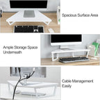 TEAMIX 26 inch White Triangle Monitor Stand Riser, Desktop Corner Shelf with Metal Leg Wood Computer Stand with Storage Laptop Riser Office Organization