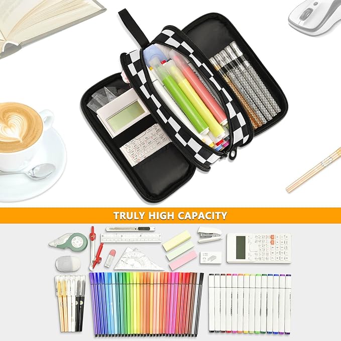 BOENLE Black White Checkered Pencil Case Box Boys Girls Large Pencil Pouch Zipper Compartments Big Capacity Stationery Pen Bag Organizer for Kids Teens Adults School