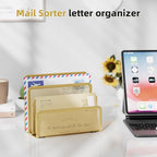 Marbrasse Mail Organizer for Desk, 3-Slot Mesh Metal Mail Holder countertop, Letter Holder, Office Desktop Envelope and Document Storage Rack (Gold)
