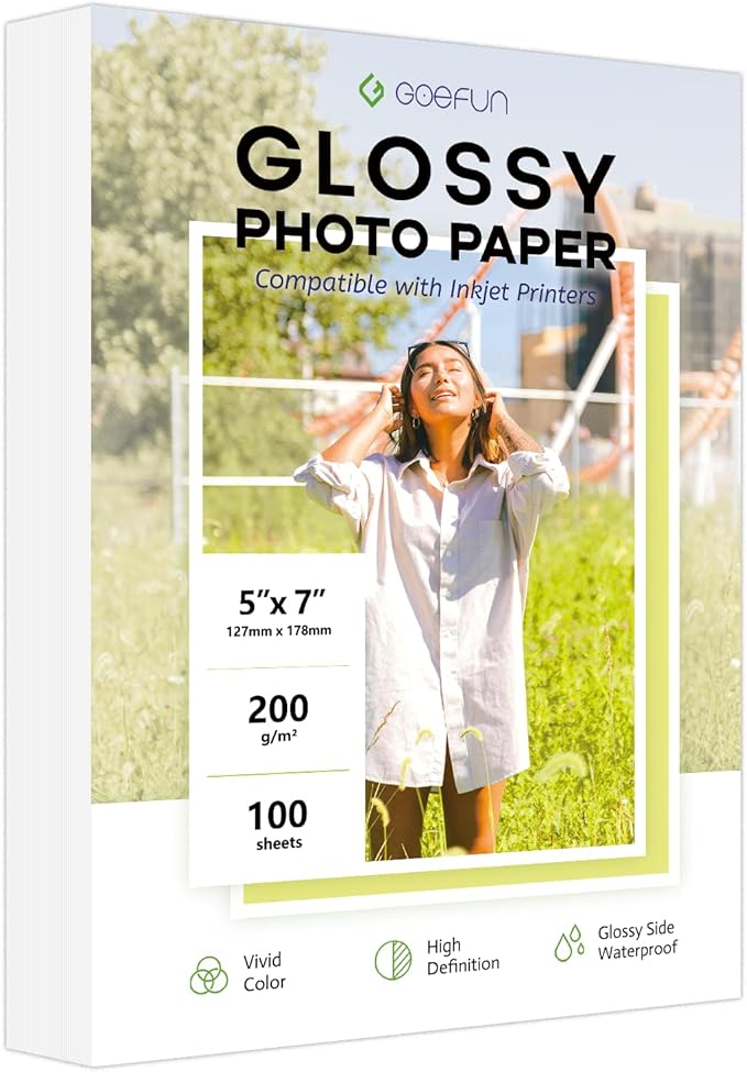 5x7 Photo Paper, Goefun 200GSM/54LB Glossy Inkjet Printer Paper for Dye Ink,100 Sheets