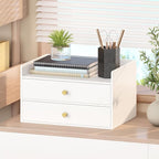 Bamboo Desk Organizer with Drawers Wooden Desktop Storage Drawers for Bills Office Supplies Kitchen Utensils Organizing Tool for Home Classroom Organization No Assembly (2 Drawers, White)