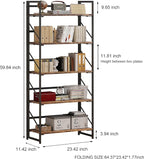 JSB No Assembly Folding Bookshelf, 5 Tier Industrial Metal Book Shelf for Storage, Vintage Wood Foldable Bookcase for Living Room, Bedroom, Office Organization Shelves