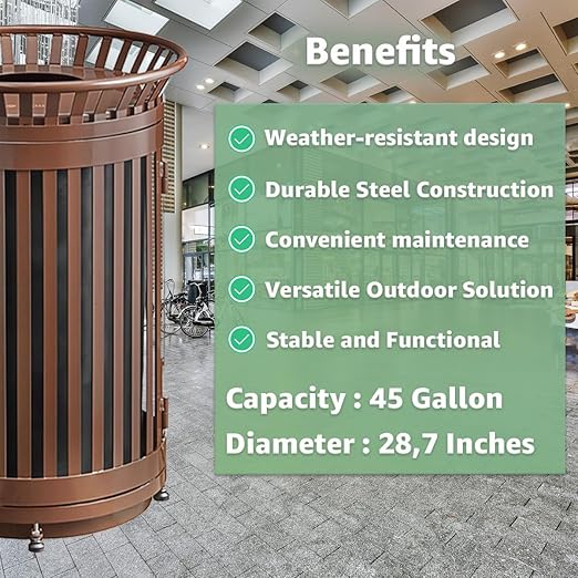 Zedfire 45 Gallon Brown Waste Bin with Flat Lid & Door, Outdoor Heavy-Duty Commercial Trash Can Steel Slatted, Round Recycle Container, Durable Garbage Can for Parks, Municipalities, Parking, Schools