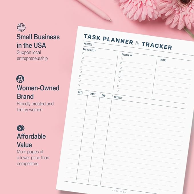 Task Planner & Tracker 8.5 x 11 Tear-Off 70 Sheet Planner Pad – Project Organizer with Time Log, Top Priority, Follow-Up – Notepad for Home & Office (White, Minimalist, 1 Pack)
