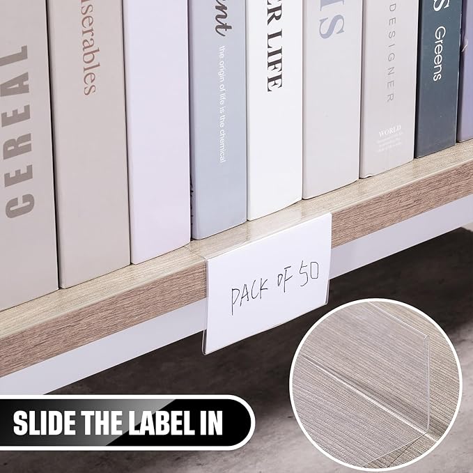 Containlol 50 Pcs Moveable Shelf Label Holders, Clear Bookshelf Label Library Shelf Markers Bookshelf Divider Tags for Library Office Classroom Home(6.5 x 3.54 x 2.36 Inch)
