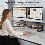 NestNeat Dual Monitor Stand, 35.4 Inch Monitor Stand Riser for 2 Monitors, 2 Tiers Wood Desk Shelf with Storage, Desktop Organizer Stand for Computer, Laptop, Printer, TV (Black Walnut, 35.4in)