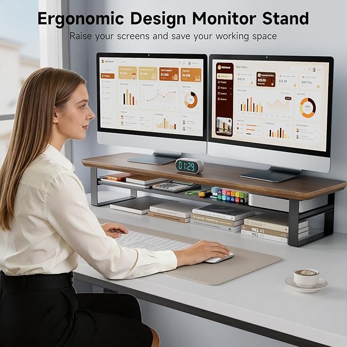 NestNeat Dual Monitor Stand, 35.4 Inch Monitor Stand Riser for 2 Monitors, 2 Tiers Wood Desk Shelf with Storage, Desktop Organizer Stand for Computer, Laptop, Printer, TV (Black Walnut, 35.4in)