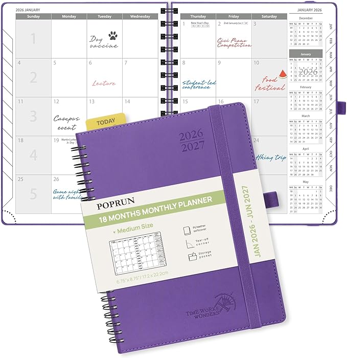 POPRUN Monthly Planner 2026-2027 (Medium 6.5" x 8.5") 18 Months Calendar Book(Jan 2026 - Jun 2027) - 4 Pages per Month with Expense & Notes, Stair-like tabs, Leather Cover, Sunday Start - Purple