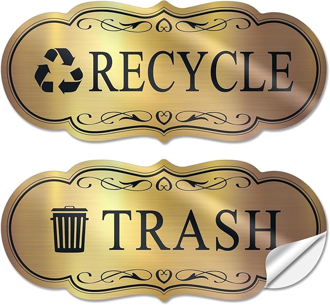 ASAVI Trash & Recycle Stickers – 2-Pack Self-Adhesive Vinyl Labels, Waterproof & Durable (Brushed Gold Black, Medium 6.3 x 2.7 inches)