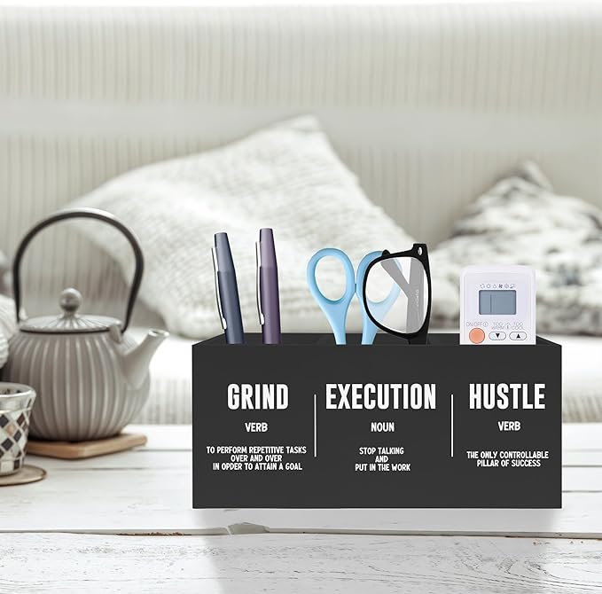 Exqcom Inspirational Office Pen Pencil Holder, Inspirational Gifts for Coworkers Colleague, Grind Execution Hustle Positive Quotes Organizer for Home Office Desk Accessories