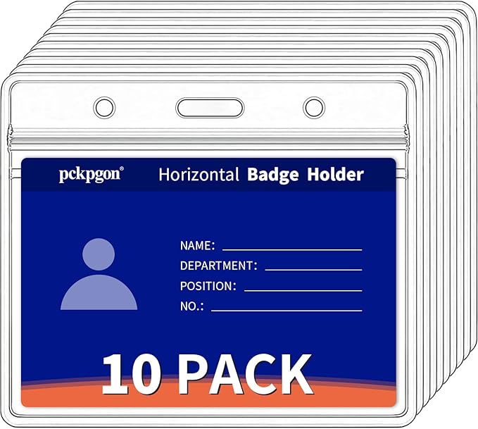 10 Pack Horizontal ID Badge Holder, Clear Plastic Lanyard Card Holders, Work Name Tag Sleeve Badges Protector Cover with Waterproof Resealable Zipper Type for Nurses, Women, Fits Credit Size Cards…
