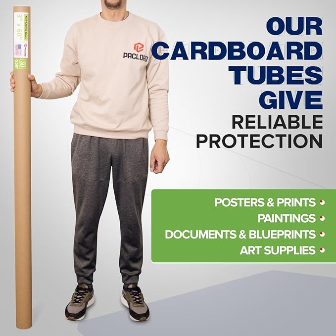 Paclord 3" x 60" Reinforced Kraft Paper Mailing Tube, Pack of 6 Tubes with 12 Caps – Secure USPS Approved Poster Tube – Cardboard Tube for Shipping and Storing Posters, Prints, Artwork, or Documents