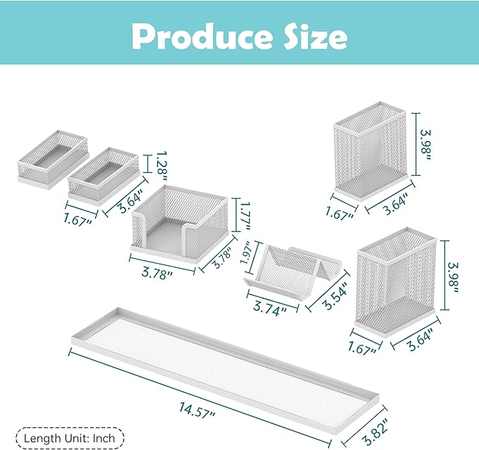 SUPEASY Pen Holder for Desk, 6 Piece Mesh Desk Organizer set for Office Organization with Mail Organizer, Letter Phone Holder, Sticky Notes Caddy Storage, White