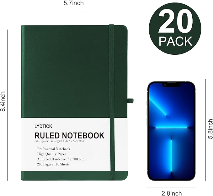 LYDTICK 20 Pack Journals for Writing College Ruled Notebooks Journal in Bulk, Hardcover Notebooks (200Pages) for Note Talking, Lined Bullet Journals for Home School Office, 5.7"x8.4", Dark Green