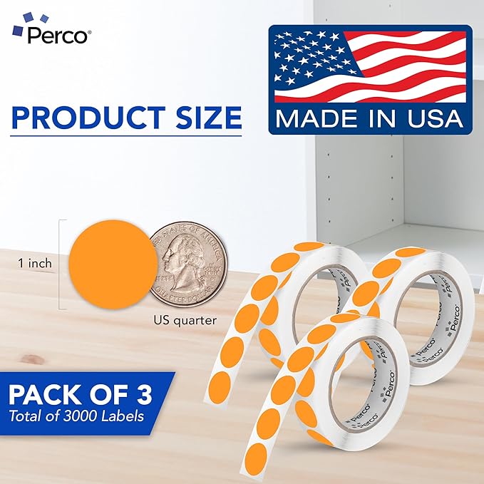 Perco Fluorescent Orange 1-Inch Round Circle Dot Sticker Labels - Multi-Roll Pack (3 Rolls, 1,000 Labels Each) - Permanent Adhesive, Vibrant Colors, Strong Hold - Perforated for Easy Use - Made in USA
