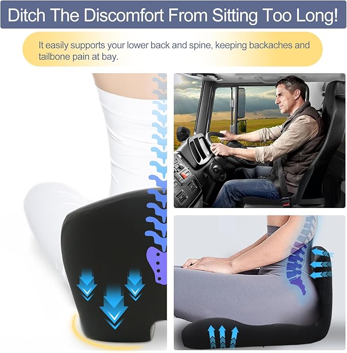 Mosxoed Ergonomic Seat Cushion with Adjustable Strap, Memory Foam Office Chair Seat Cushion with L-Shaped Design, Car Seat Cushion Fits for Truck Driver Semi Truck, Gaming Chair, Desk, Dark Gray