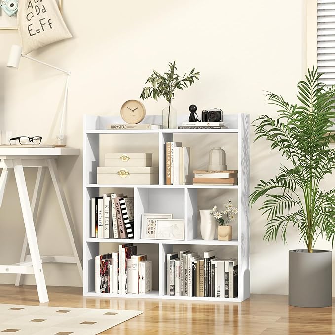 Giantex 7 Cube Bookshelf of 2, Free-Standing Wooden Bookcase, 4 Tier Home Display Shelf, Horizontal Storage Unit w/Anti-Toppling Devices, Open-Back Display Rack for Study, Living Room, White
