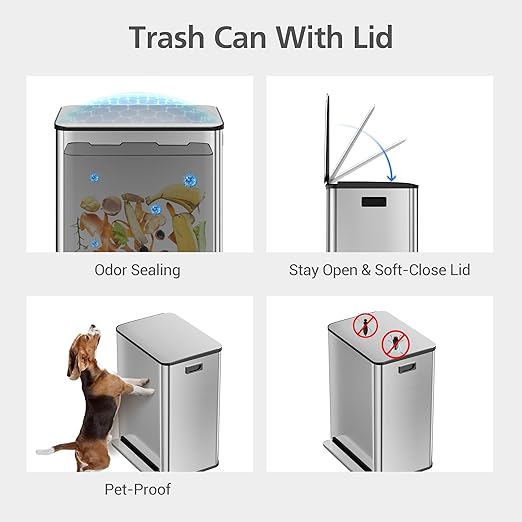 TROPOW 16 Gallon Dual Compartment Step Trash Can, Stainless Steel Kitchen Recycling Bin with Soft-Close Lid & Removable Buckets, for Home Composting, 2x8 Gallon, Silver (60L)
