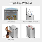 TROPOW 16 Gallon Dual Compartment Step Trash Can, Stainless Steel Kitchen Recycling Bin with Soft-Close Lid & Removable Buckets, for Home Composting, 2x8 Gallon, Silver (60L)