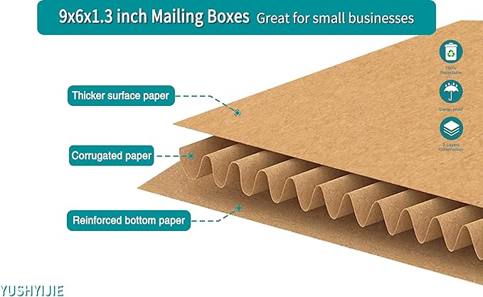 YUSHYIJIE 50 Pack 9x6x1.3 inch Small Shipping Boxes, Multi-Depth Flat Cardboard Boxes with Fragile Stickers for DVD Shipping, Packing, Moving, Storage, Brown