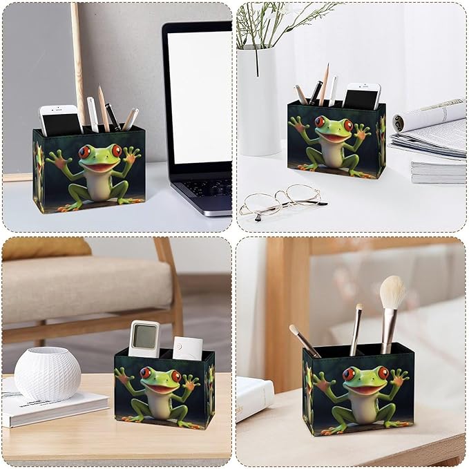 Famame Green Frog Open Hand Pencil Holder for Desk, Leather Desktop Container Pen Cup Storage Study Table Pen Organizer Makeup Brush Holder for Classroom Office Home