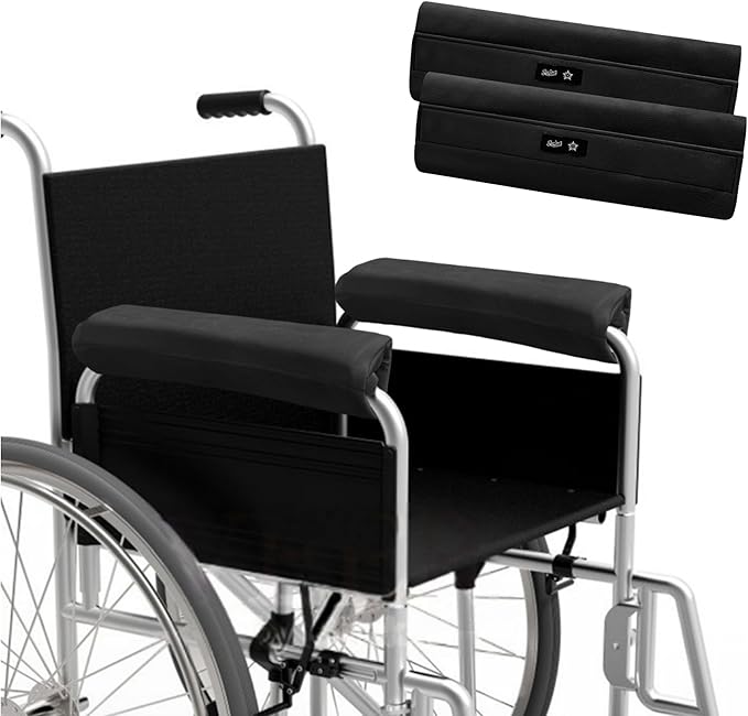 SPRING SEAON Wheelchair Armrest Covers (Pair) - Suede Velvet Memory Foam Accessories Pads for Wheelchair Arm Rest, Office Transport Chairs, Soft Support Cushion for Mobility Aids (Black)