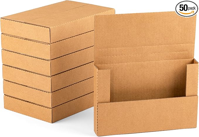 YUSHYIJIE 50 Pack 9x6x1.3 inch Small Shipping Boxes, Multi-Depth Flat Cardboard Boxes with Fragile Stickers for DVD Shipping, Packing, Moving, Storage, Brown