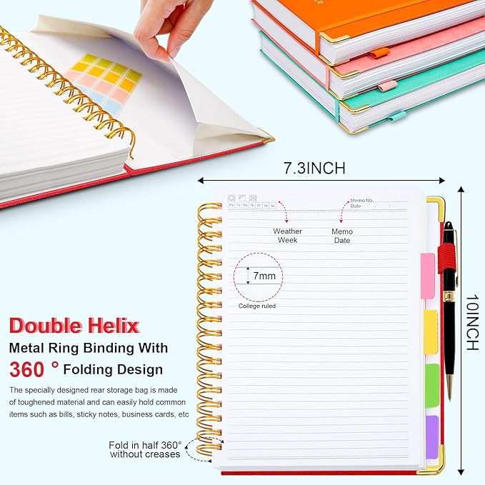 Hardcover Spiral Notebook 8"x10" Journal Notebook with Tabs and Removable Dividers 300 Pages 5 Subject Notebook College Ruled, Faux Leather Spiral Bound Notebook for Women, Students, School Work (Red)