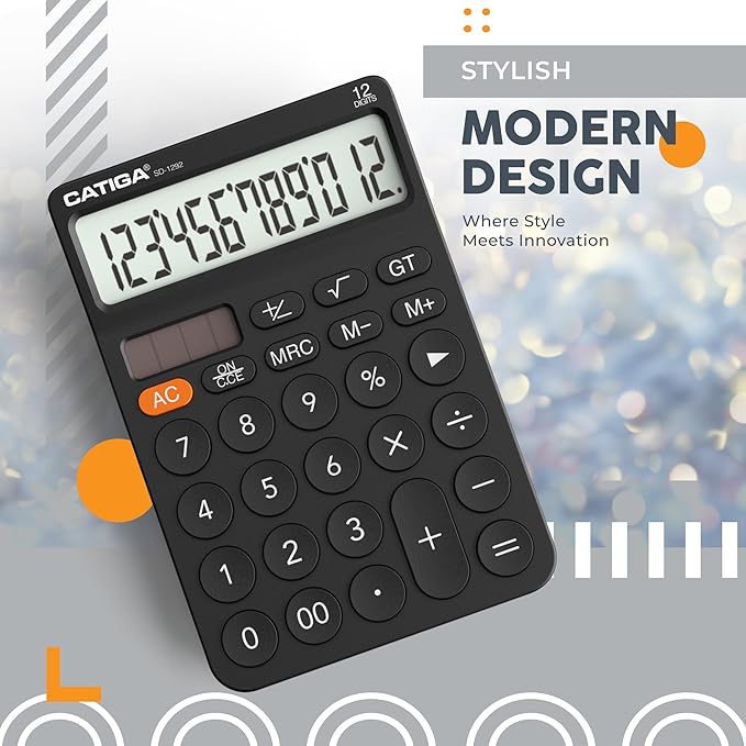 CATIGA 12 Digit Desktop Calculator with Large LCD Display, 4 Funtions Calculator, Round Design Big Button, Solar and Battery Dual Power, Standard Function for Office, Home, School, SD-1292