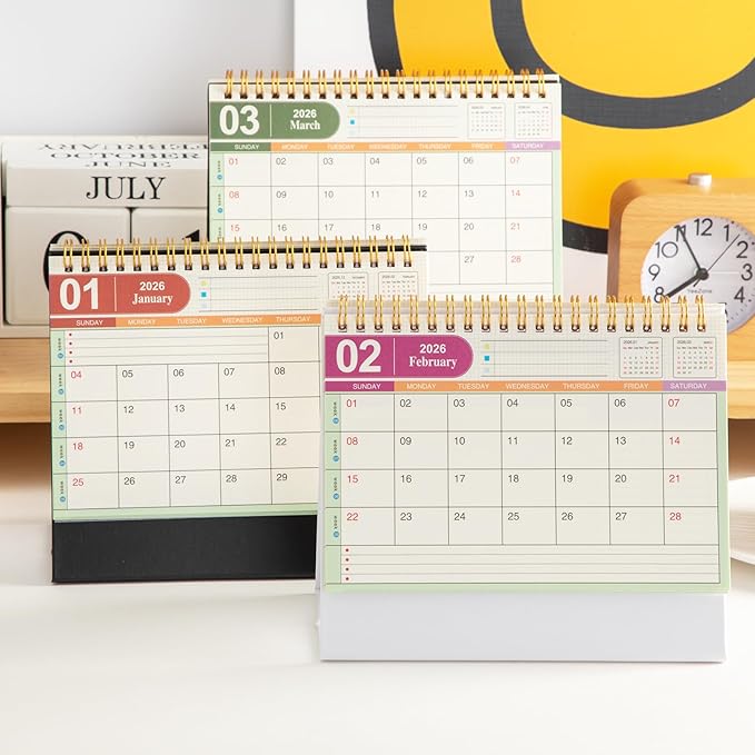 Small Desk Calendar 2026, Desktop Calendar from Now to Dec 2026, Metal Ring Twin-Wire Binding Monthly Desktop Calendar for Home Office School (White)