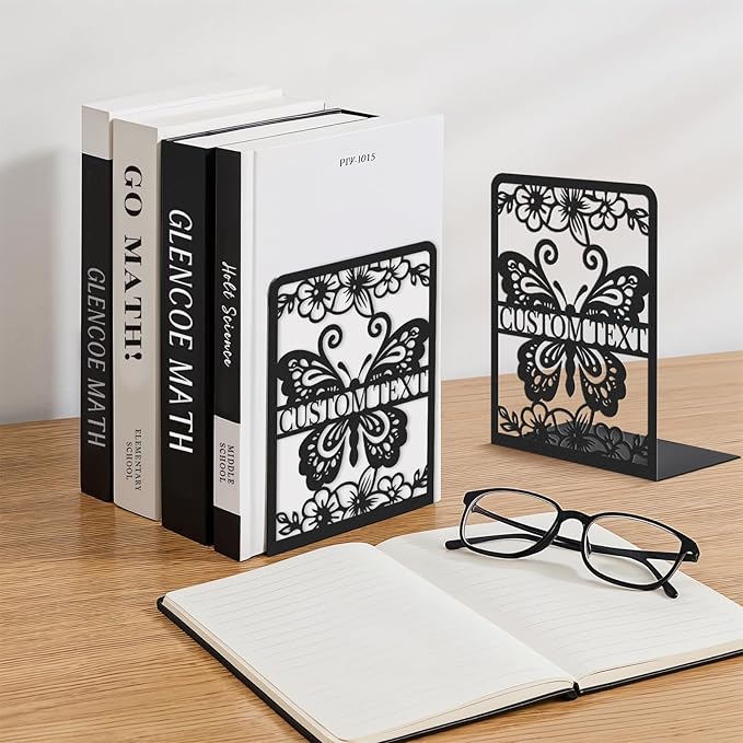 Personalized Butterfly Decorative Book Ends, Heavy Duty Bookends for Shelves, Non-Slip Book Stopper, Metal Modern Bookshelf Decor for Home Office Study Room, Gifts for Readers Color03