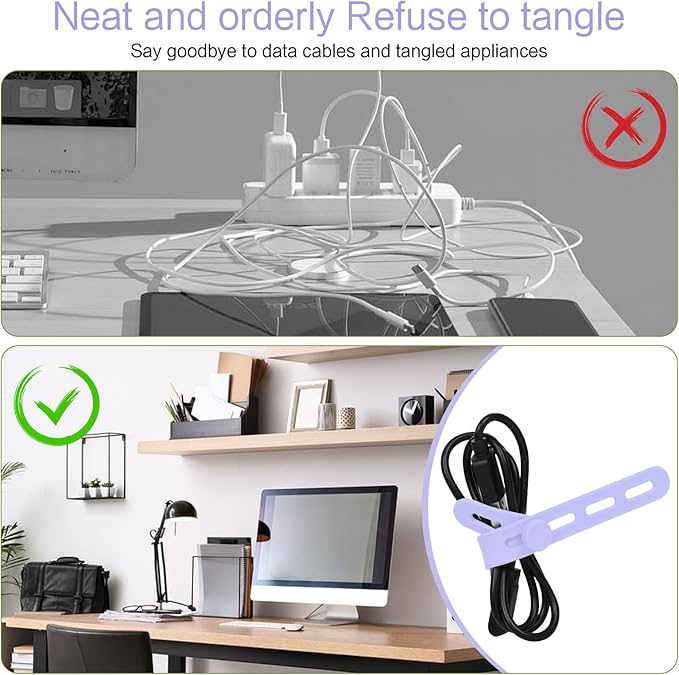 Donruby 24Pcs Silicone Cable Ties - Reusable & Washable with Locking Buckles, Adjustable Fastening Cable Management Straps, Multi-Purpose High Elasticity Cord Organizer (6 Colors)