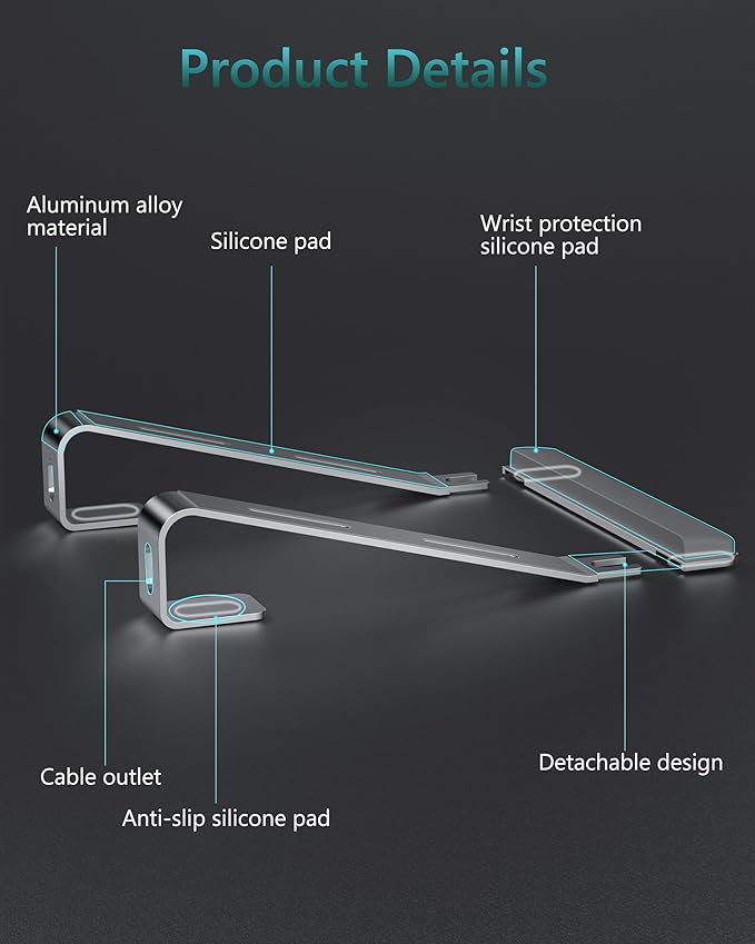 JCZT Aluminum Laptop Stand, Notebook Stand with Wrist Rest, Ergonomic Detachable Laptop Mount, Computer Stand Compatible with 10-17'' All Laptops Such as MacBook Air Pro/HP/Dell/Lenovo, Silver