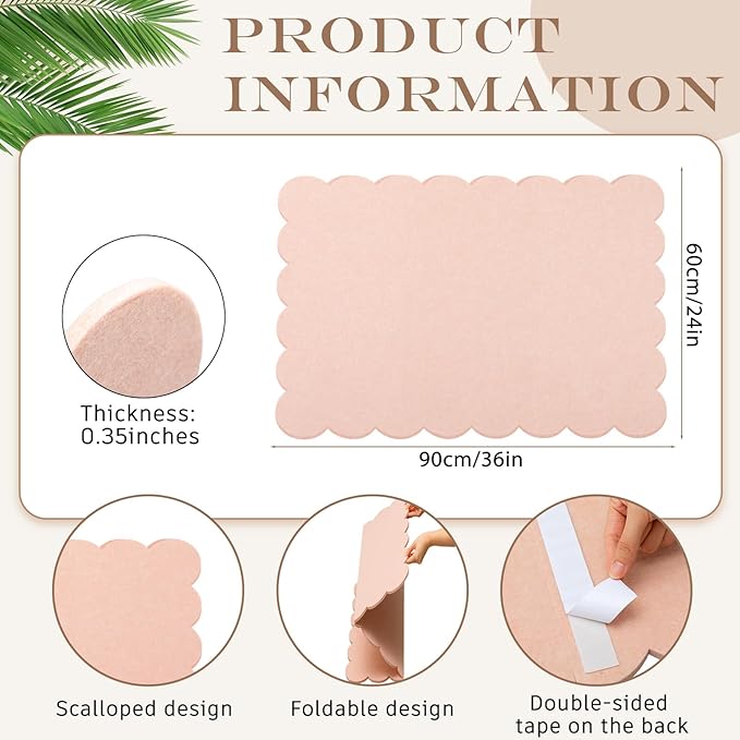 Mooliwe Scalloped Felt Bulletin Board 36 x 24 Inches Foldable Flesh Pink Pin Cork Board Alternative for Wall, 3' x 2' Trifold Picture Vision Self Adhesive Bulletin Decorative