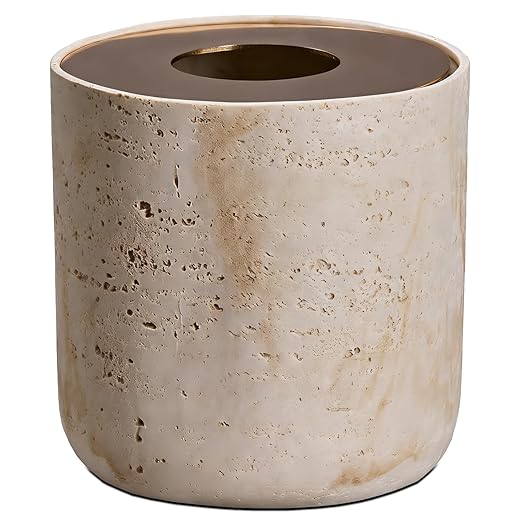Natural Travertine Textures Mini Trash Can with Rose Gold Stainless Steel Lid, Mini Countertop Trash Can for Bathroom Kitchen, Desk or Table top Mini Garbage Can, Resin Tiny Waste Basket for Vanity
