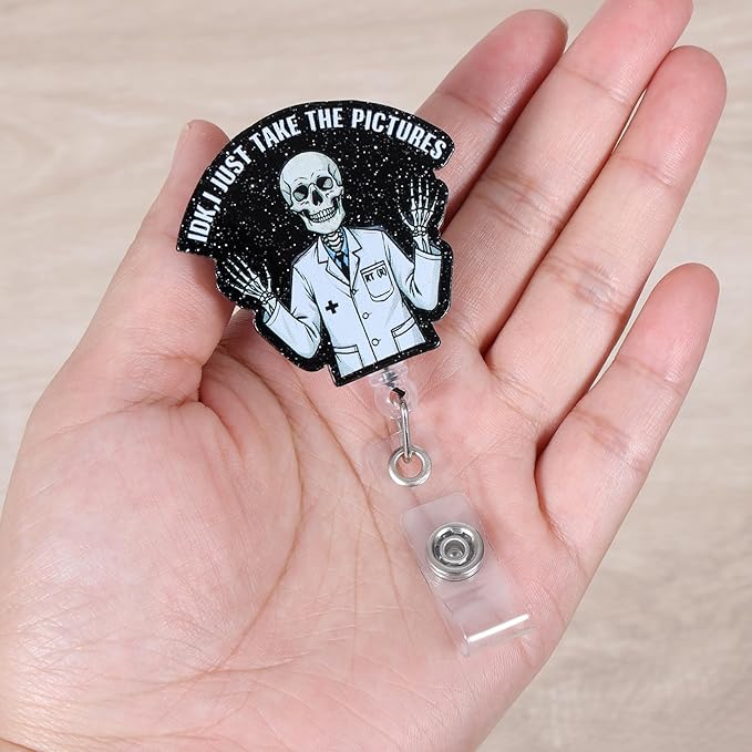 IDK,I Just Take The Pictures Funny Radiology Skeleton Nurse Badge Reel, Cute RT Retractable ID Card Badge Holder, Name Tag Badge Buddy for RN CT MRI RAD Nurse Nursing Student Radiologist X-Ray Tech