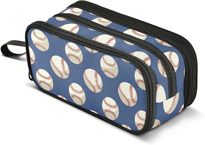 BOENLE Baseballs Ball Blue Pencil Case Box Boys Girls Large Pencil Pouch with Zipper Compartments Big Capacity Stationery Pen Bag Organizer for Kids Teens Adults School