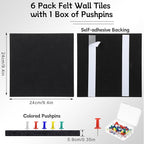 Large Cork Board 28" x 19", 6 Pack Felt Wall Tiles with Colored Pushpins, Bulletin Boards with Removable Self-Adhesive Strips, Pin Board Cork Boards for Walls Office Home-Black