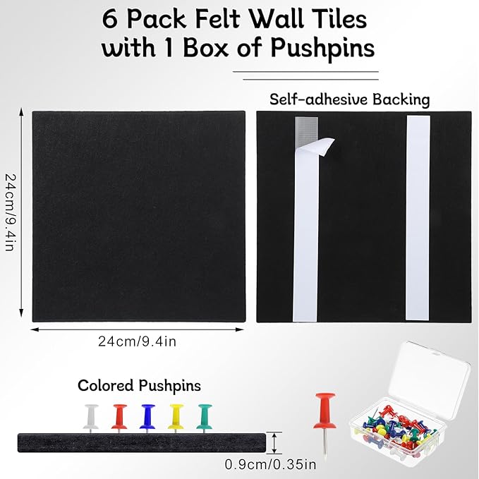Large Cork Board 28" x 19", 6 Pack Felt Wall Tiles with Colored Pushpins, Bulletin Boards with Removable Self-Adhesive Strips, Pin Board Cork Boards for Walls Office Home-Black