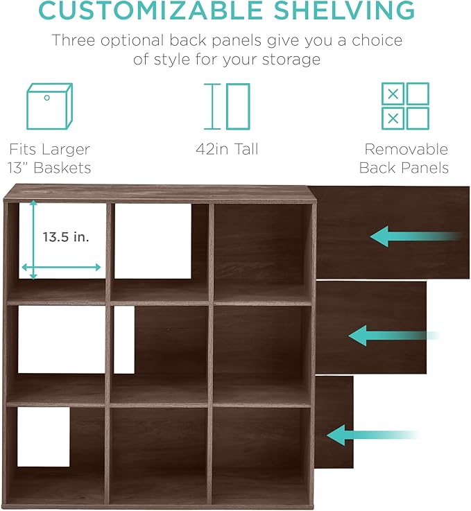 Best Choice Products 9-Cube Storage Organizer, 13.5in Shelf Opening, Bookcase, Display Shelf, Customizable w/ 3 Removable Back Panels – Walnut