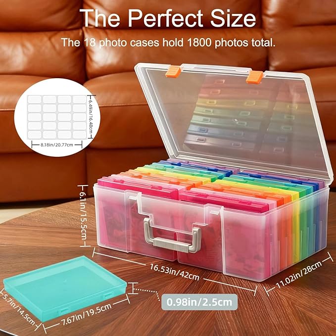 Photo Storage Box 5 x 7 Inches, 18 Inner Extra Large Photo Boxes with Dividers, Colorful Acid-Free Photo Storage Containers with Handle, Photo Organizer Craft Keeper for Photo, Craft, Stamp etc