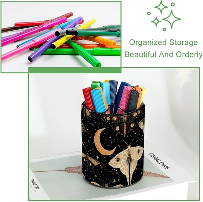 Leather Pen Holder for Desk, Butterflies Moth Moon Pencil Cup Desktop Organizer Makeup Brush Holders Office Supplies for Home, Kids & School