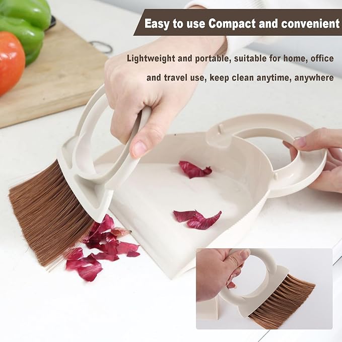 Round Handle Brush and Dustpan Set Small Broom & Dustpan Portable Handheld Sweeper for Desktop Sofa Floor Pet Nest (Off White)