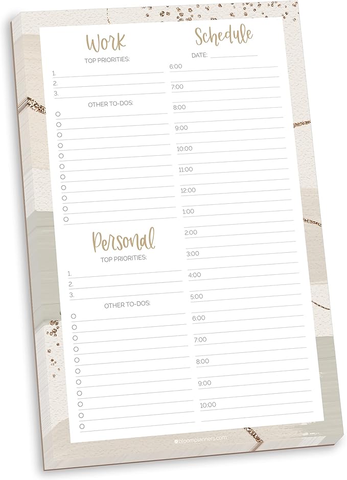 bloom daily planners Timed Work & Personal To Do List Planning Pad - Undated Tear-Off Hourly Checklist Notepad Appointment Organizer - 6" x 9" - Brushed Beige