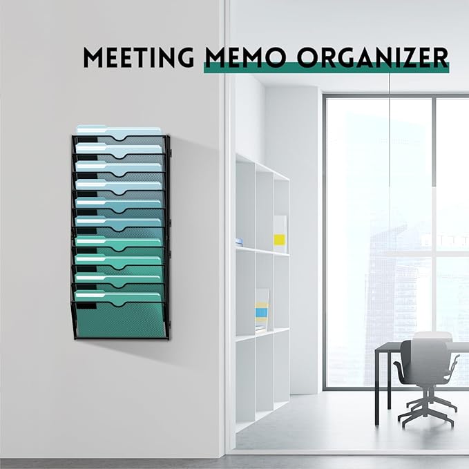 SUPEASY 10-Tier Wall File Organizer, Hanging Wall Files for Papers, Folders, Magazines, Wall Organizer for Clipboard, Assembly Needed, Black, 2 Pack