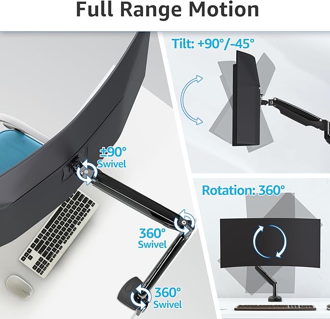 MOUNTUP Ultrawide Monitor Arm for Max 40 Inch Screen, Heavy Duty Monitor Desk Mount Support 6.6-30.9lbs, Computer Monitors Stand for Desk, VESA Mount with Clamp & Grommet Base