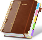 Hardcover Spiral Notebook 6.2"x 8.2" Journal Notebook with Tabs and Removable Dividers 300 Pages 5 Subject Notebook College Ruled, Faux Leather Spiral Bound Notebook for Women School Work (Brown)