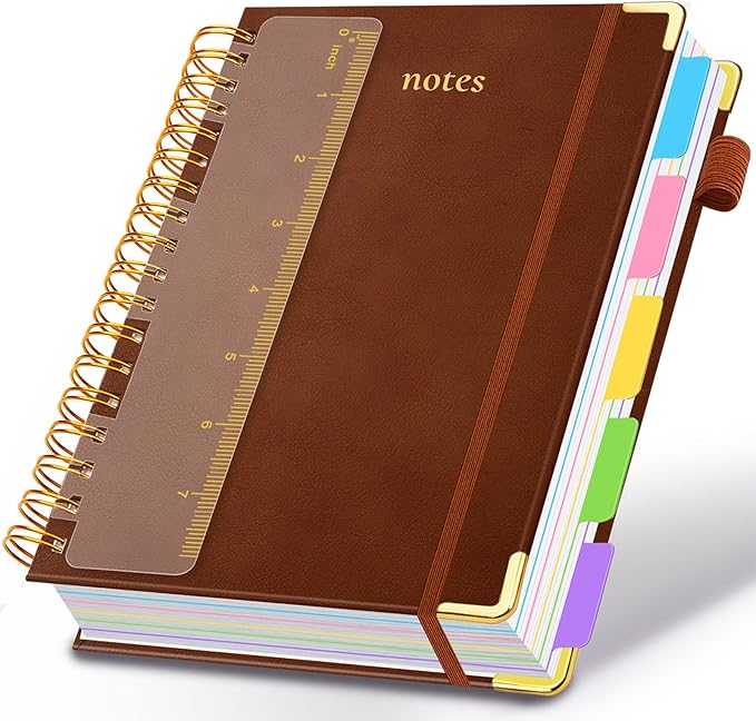 Hardcover Spiral Notebook 6.2"x 8.2" Journal Notebook with Tabs and Removable Dividers 300 Pages 5 Subject Notebook College Ruled, Faux Leather Spiral Bound Notebook for Women School Work (Brown)